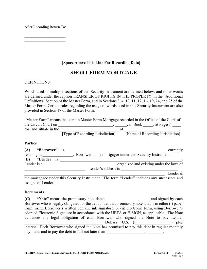 Short Form Mortgage (Single Family Fannie Mae Freddie Mac) {3010-SF} | Pdf Fpdf Docx | Florida