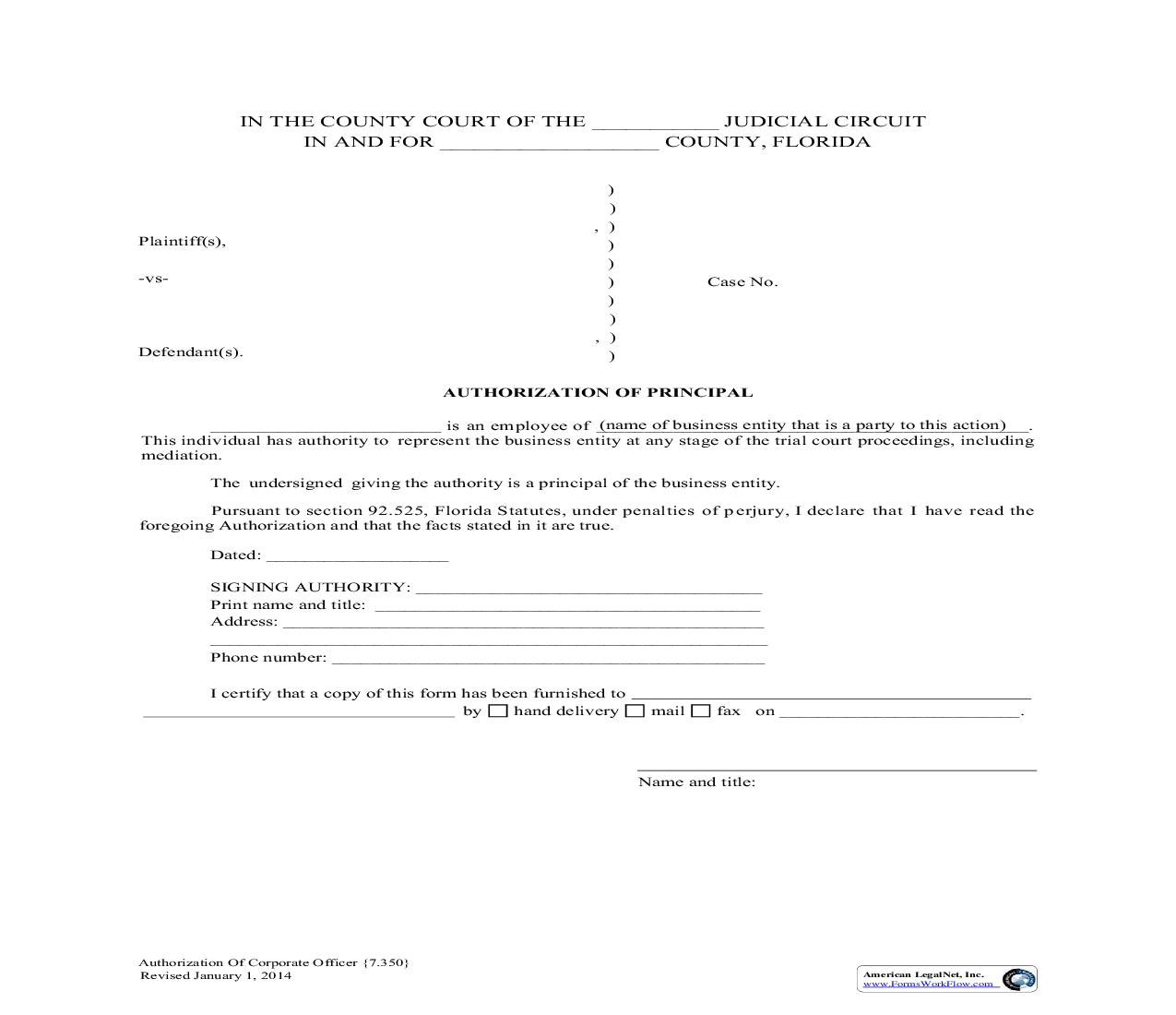 Authorization Of Principal {7.350} | Pdf Fpdf Doc Docx | Florida