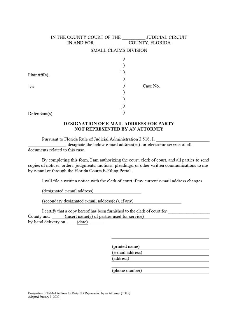 Designation Of E-Mail Address For Party Not Represented By Attorney {7.315} | Pdf Fpdf Docx | Florida