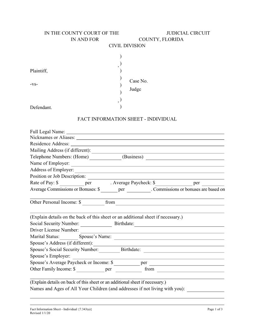 Fact Information Sheet - Individual {7.343(a)} | Pdf Fpdf Doc Docx | Florida
