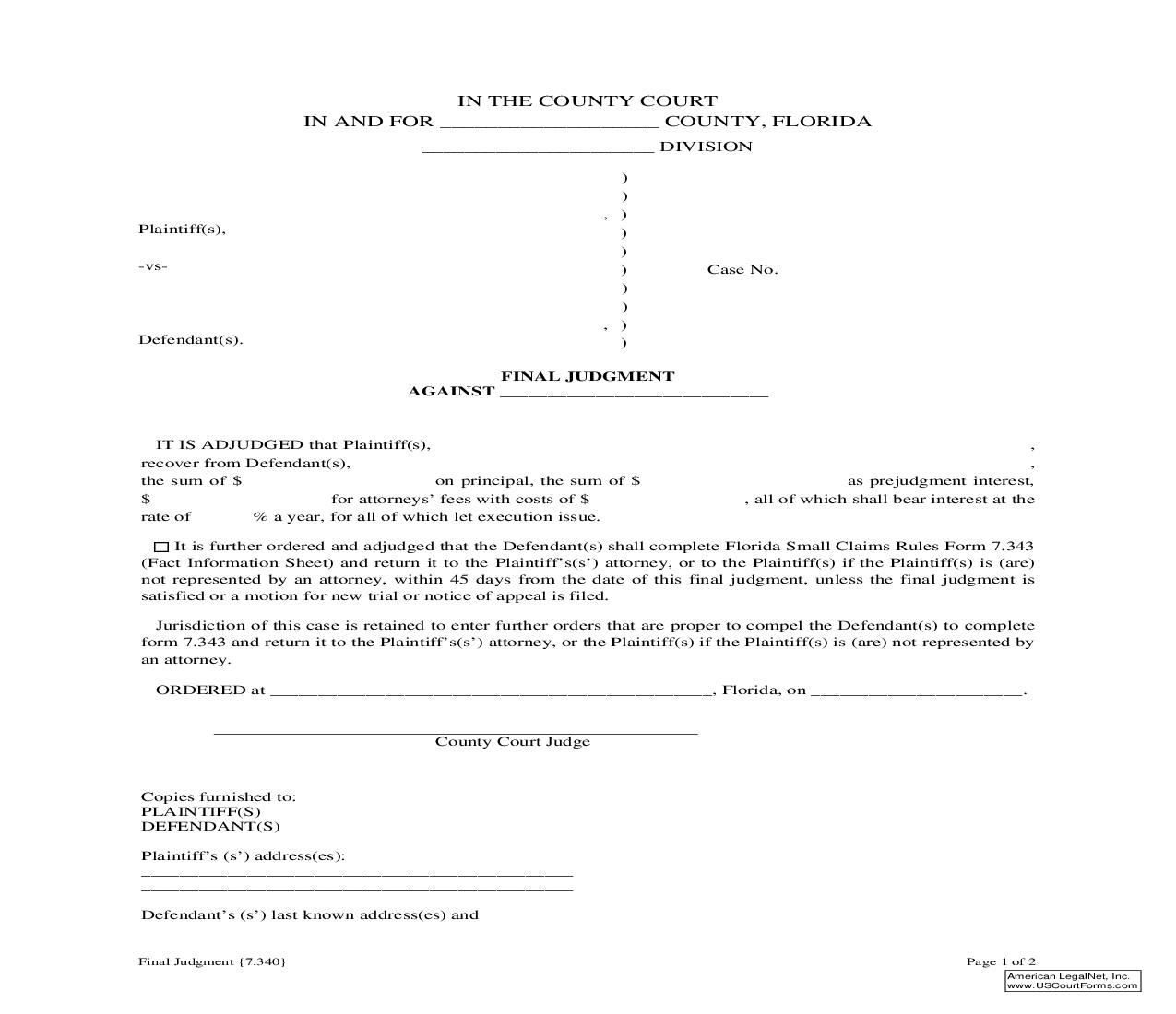 Final Judgment Against Defendants Name {7.340} | Pdf Fpdf Doc Docx | Florida