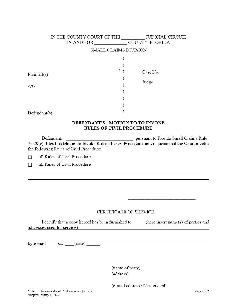 Motion To Invoke the Rules of Civil Procedure {7.353} | Pdf Fpdf Docx | Florida