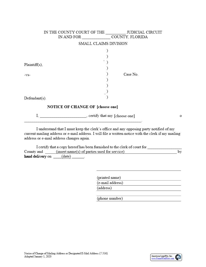 Notice Of Change Of Mailing Address Or Designated E-Mail Address {7.316} | Pdf Fpdf Docx | Florida
