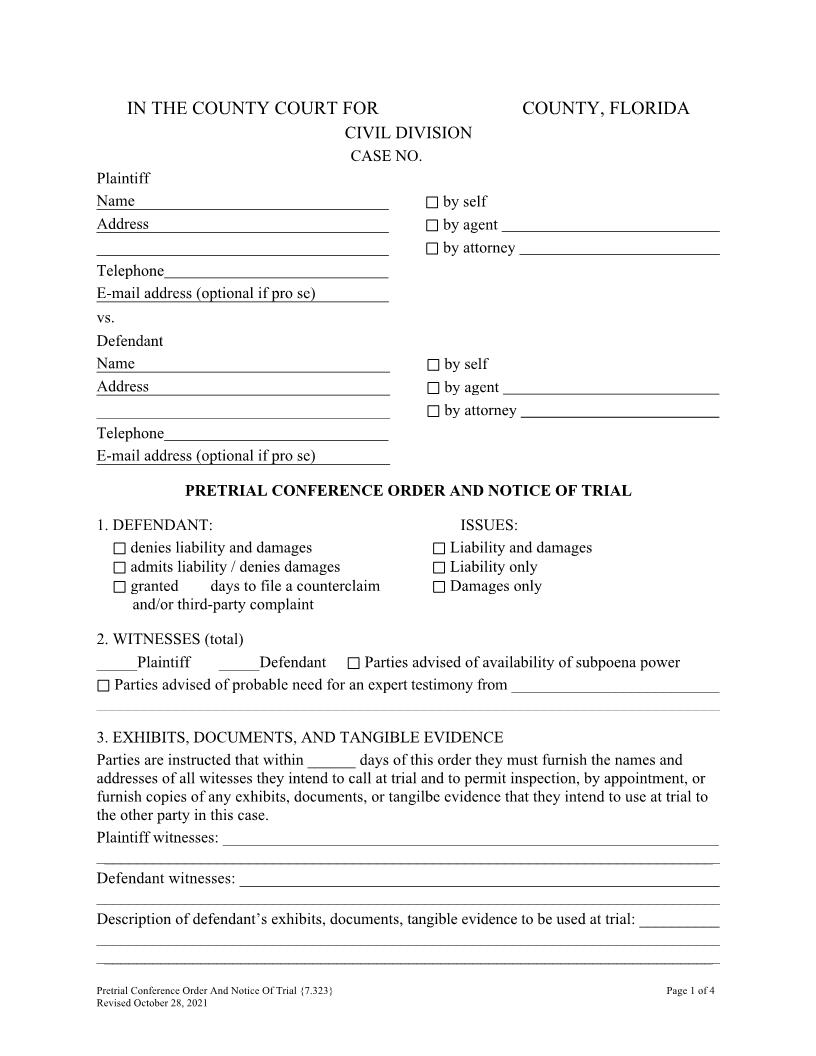 Pretrial Conference Order and Notice of Trial {7.323} | Pdf Fpdf Doc Docx | Florida