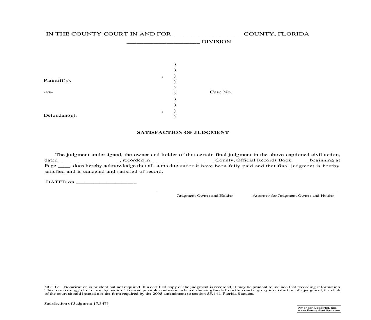 Satisfaction Of Judgment {7.347} | Pdf Fpdf Doc Docx | Florida