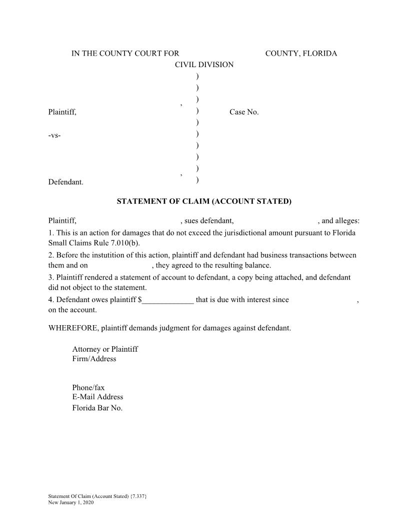 Statement Of Claim (Account Stated) {7.337} | Pdf Fpdf Docx | Florida