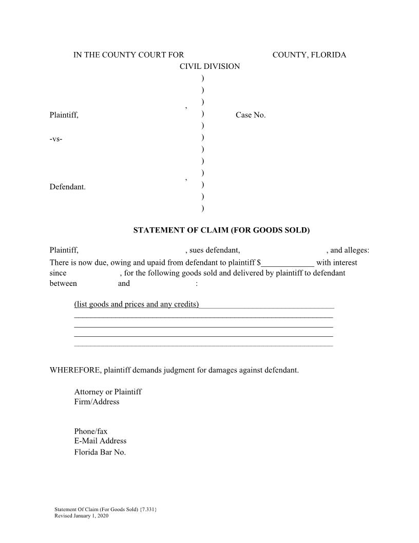 Statement Of Claim For Goods Sold {7.331} | Pdf Fpdf Doc Docx | Florida