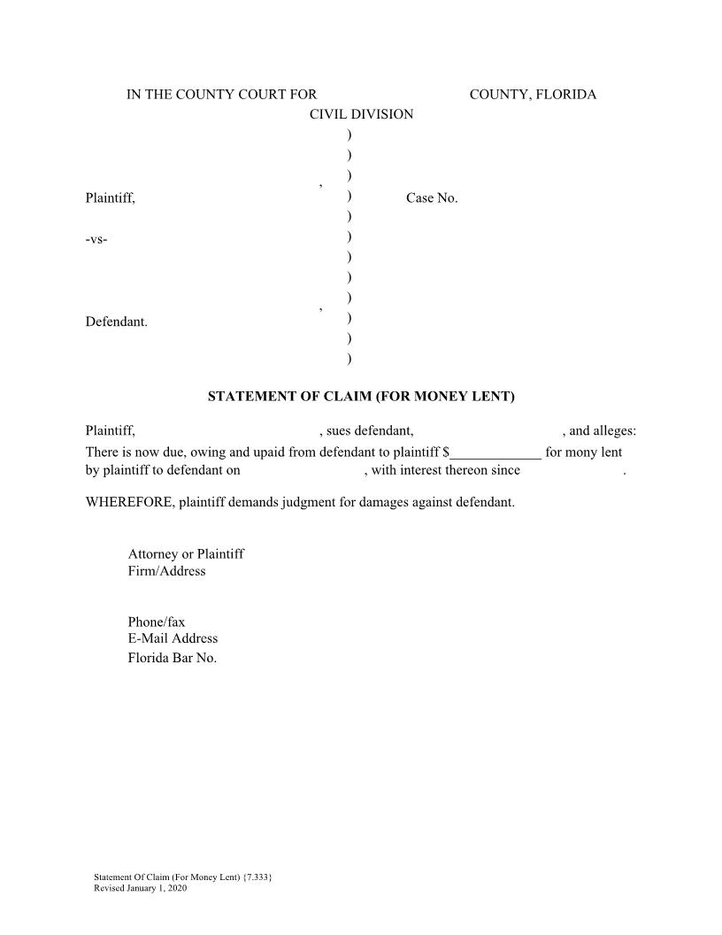 Statement Of Claim For Money Lent {7.333} | Pdf Fpdf Doc Docx | Florida