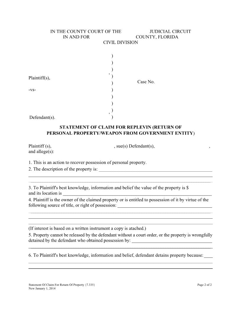 Statement Of Claim For Replevin {7.336} | Pdf Fpdf Doc Docx | Florida