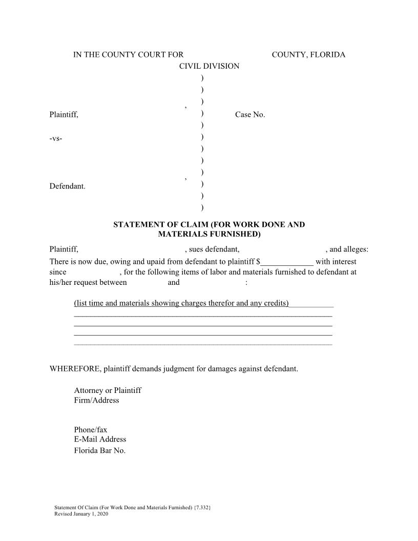 Statement Of Claim For Work Done And Materials Furnished {7.332} | Pdf Fpdf Doc Docx | Florida