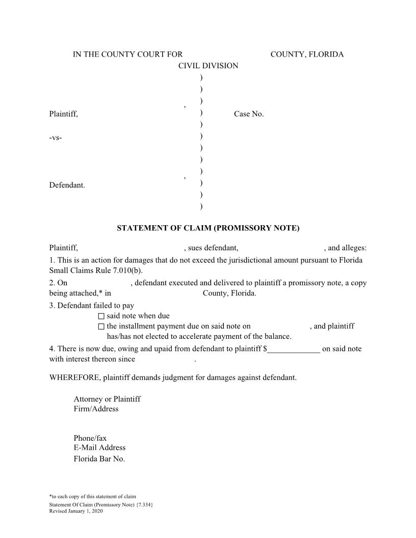Statement Of Claim Promissory Note {7.334} | Pdf Fpdf Doc Docx | Florida