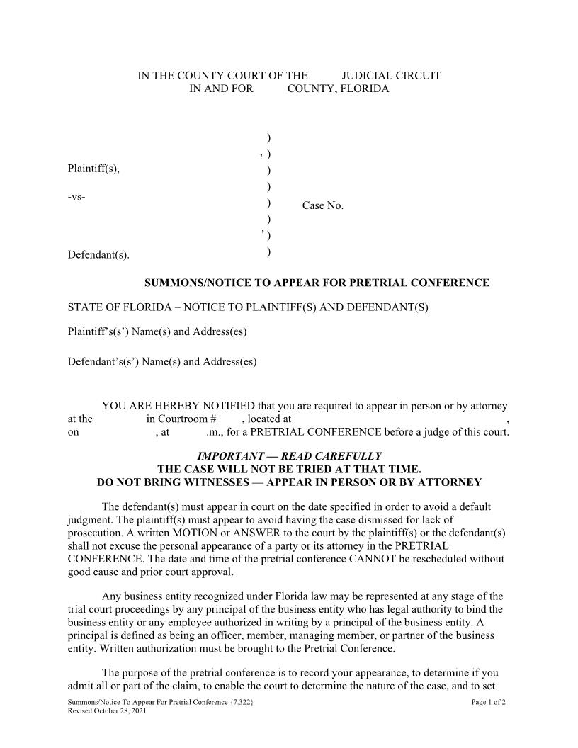 Summons Notice To Appear For Pretrial Conference {7.322} | Pdf Fpdf Doc Docx | Florida
