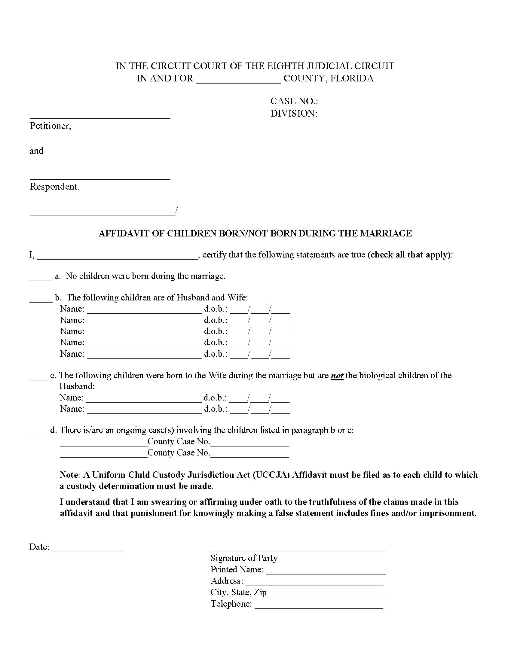 Affidavit Of Children Born - Not Born During Marriage | Pdf Fpdf Doc Docx | Florida