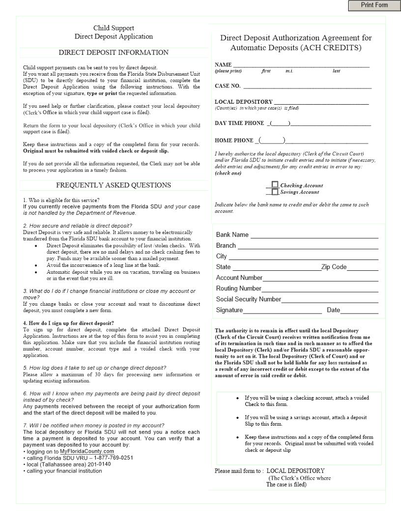 Direct Deposit Authorization Agreement For Automatic Deposits | Pdf Fpdf Docx | Florida