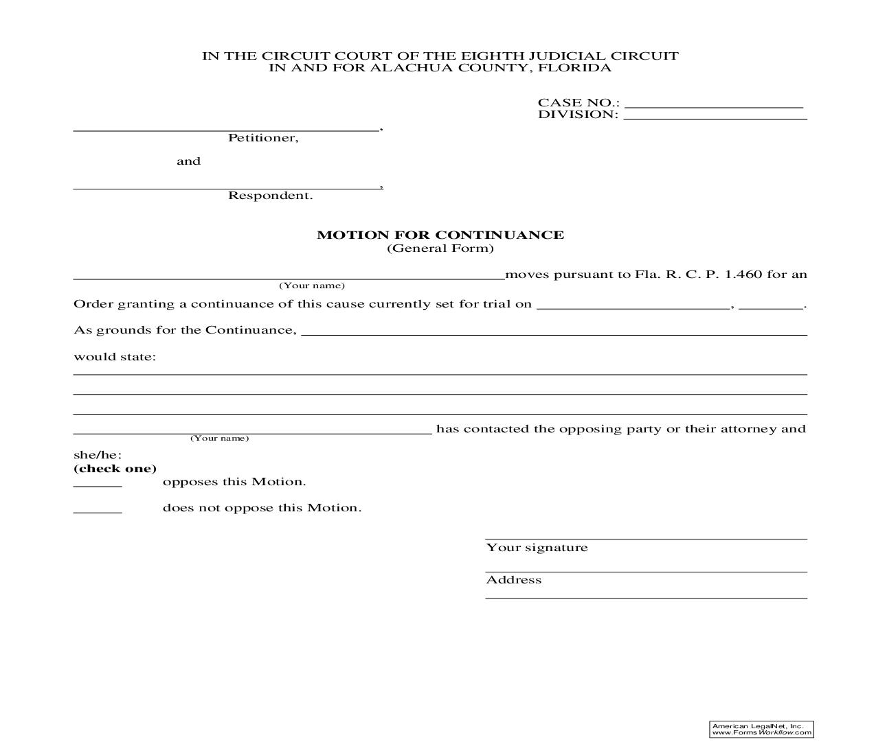 Motion For Continuance (Circuit Court) | Pdf Fpdf Doc Docx | Florida