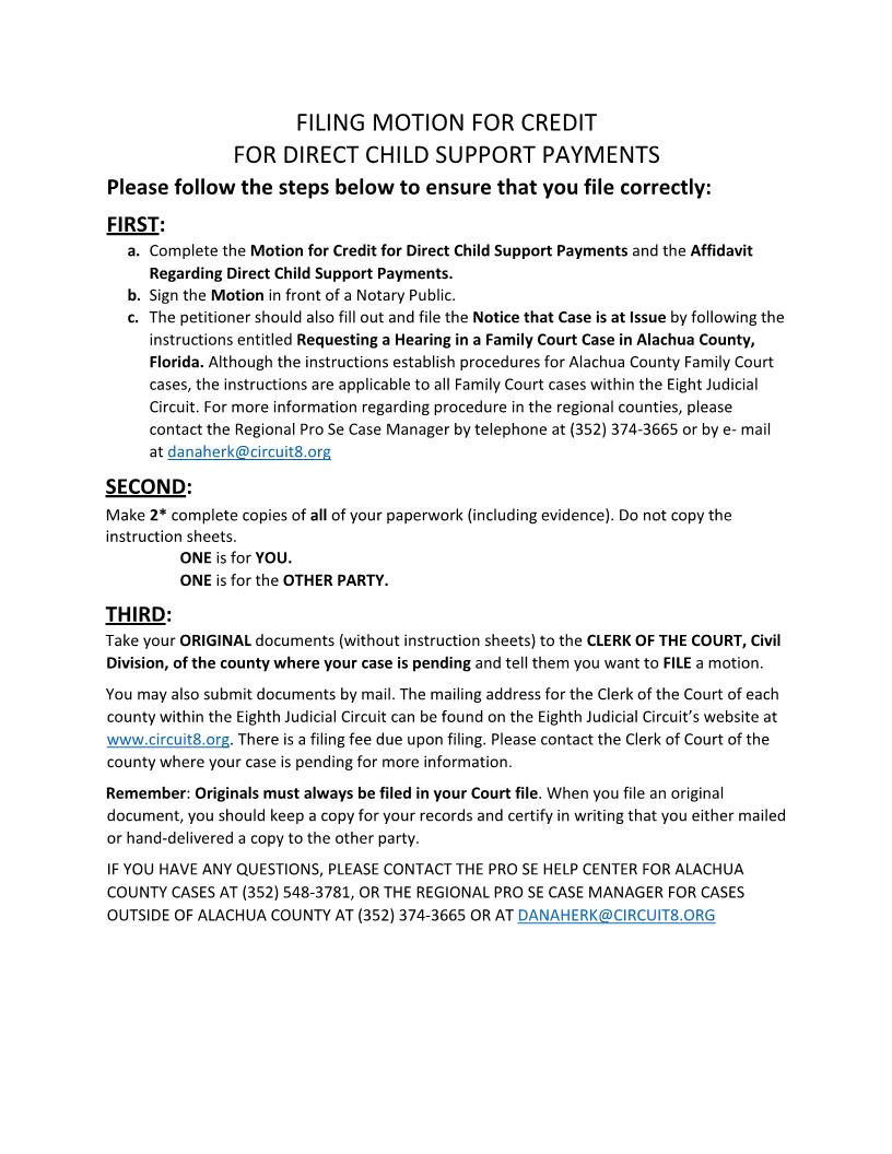 Motion For Credit For Direct Child Support Payments | Pdf Fpdf Doc Docx | Florida