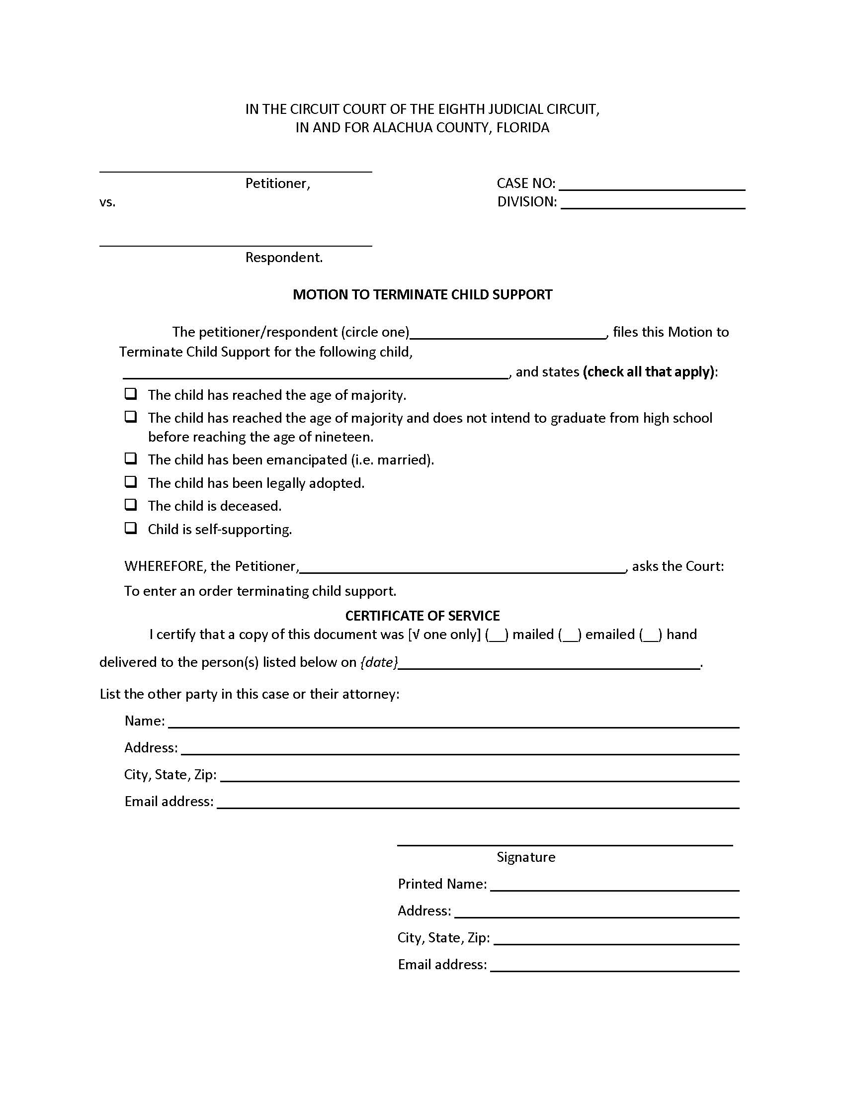 Motion To Terminate Child Support {Ala_MTCS} | Pdf Fpdf Docx | Florida