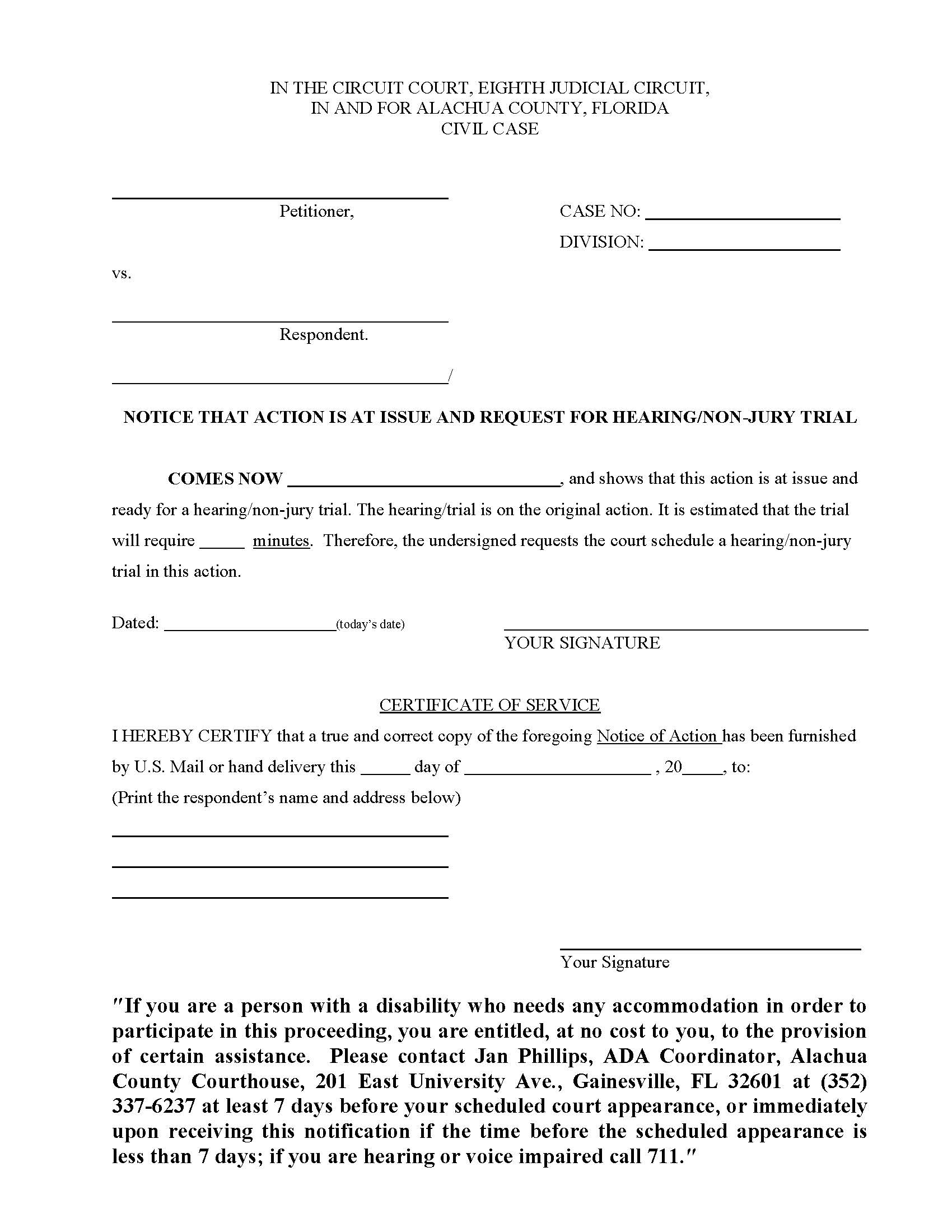 Notice That Action Is At Issue - Motion For Hearing Or Non-Jury Trial | Pdf Fpdf Doc Docx | Florida