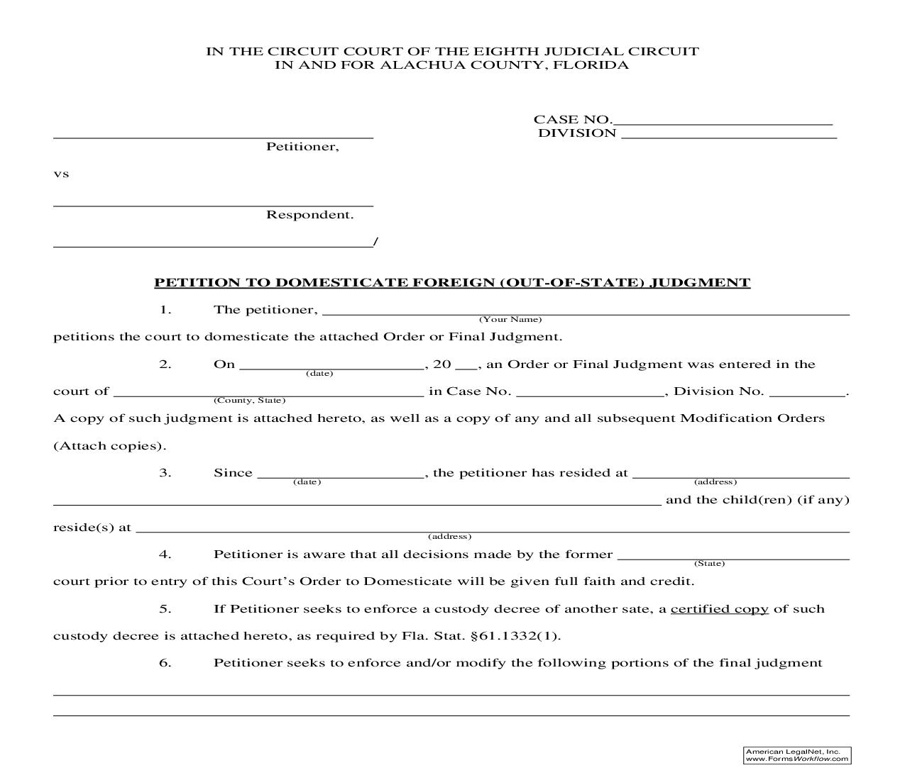 Petition To Domesticate Foreign Judgment | Pdf Fpdf Doc Docx | Florida