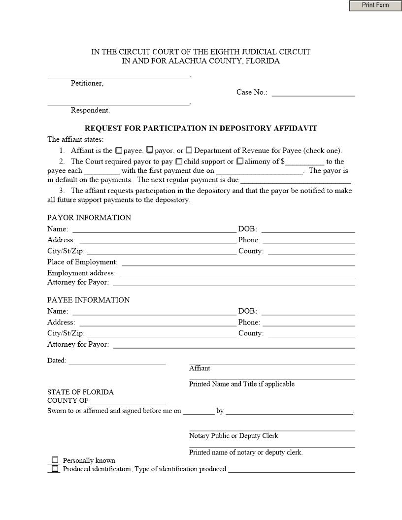 Request For Participation In Depository Affidavit | Pdf Fpdf Docx | Florida