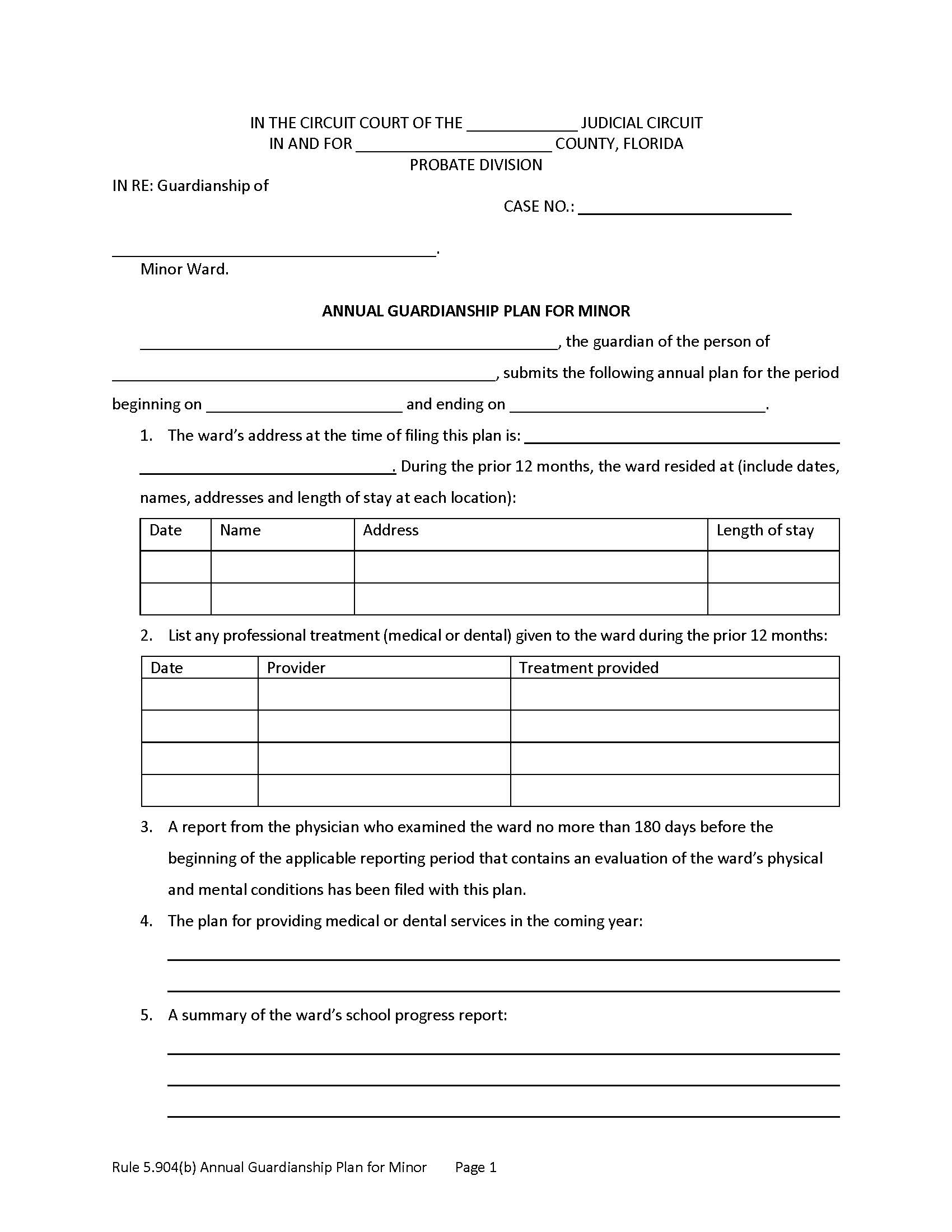 Annual Guardianship Plan For Minor | Pdf Fpdf Docx | Florida