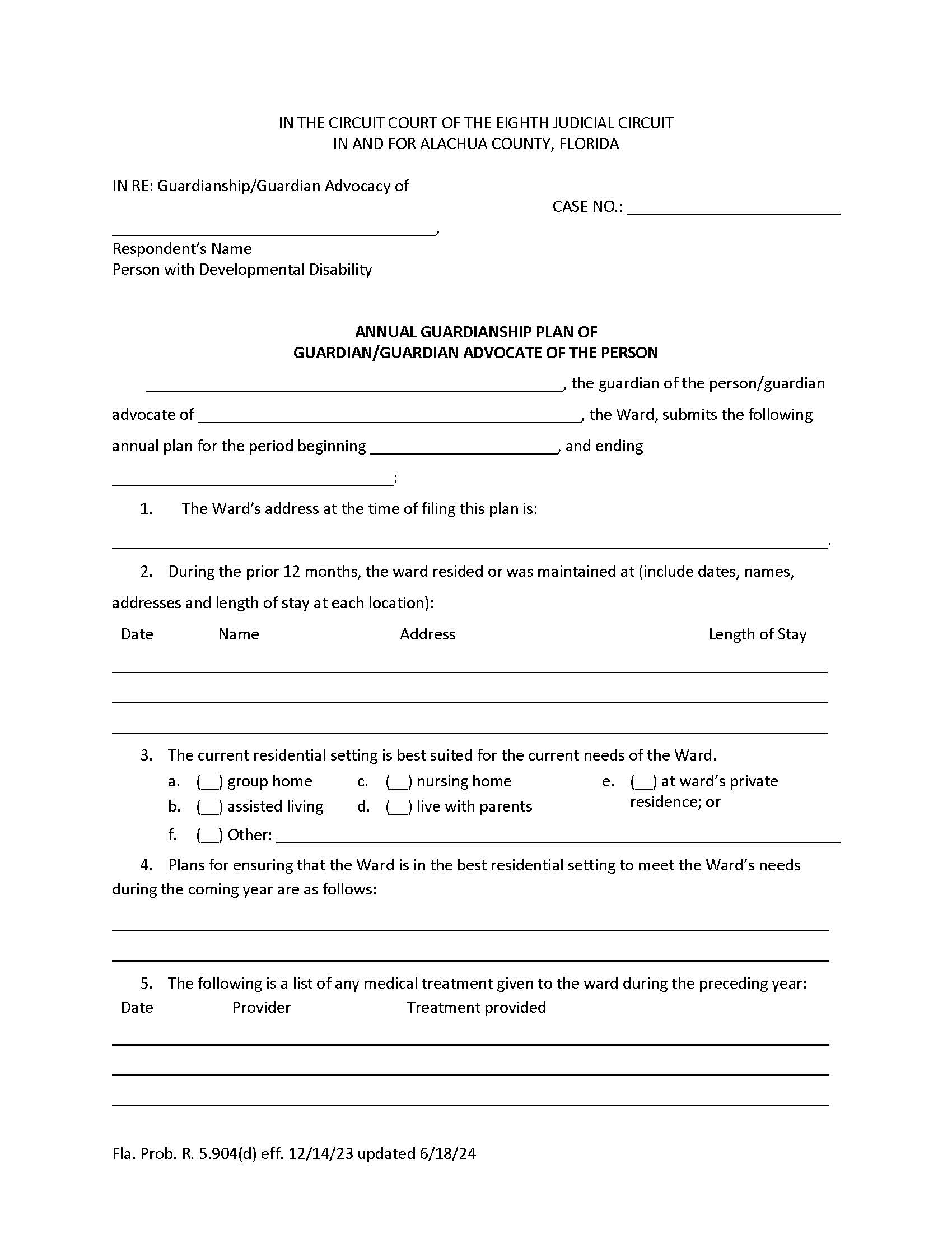 Annual Guardianship Plan Of Guardian-Guardian Advocate Of The Person | Pdf Fpdf Docx | Florida