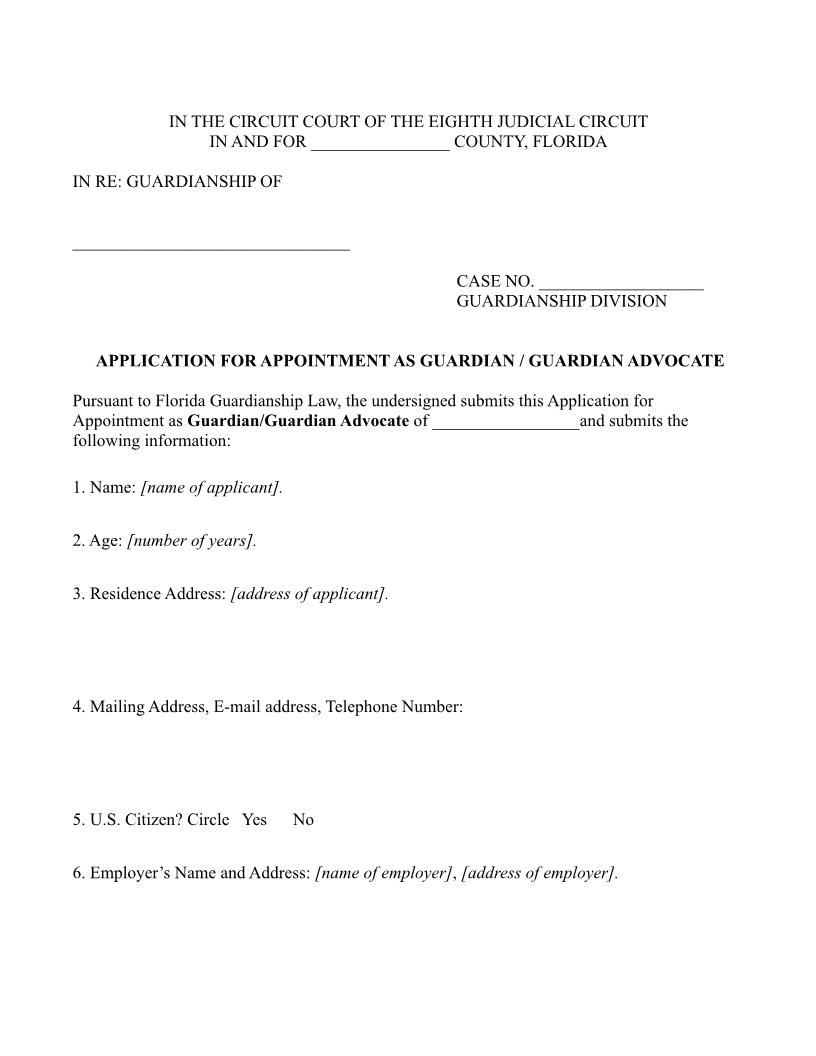 Application For Appointment As Guardian-Guardian Advocate | Pdf Fpdf Docx | Florida