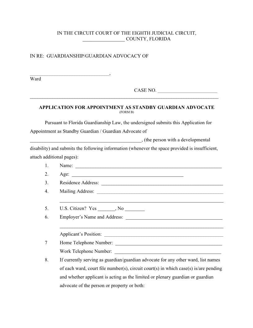 Application For Appointment As Standby Guardian Advocate {Form B} | Pdf Fpdf Docx | Florida