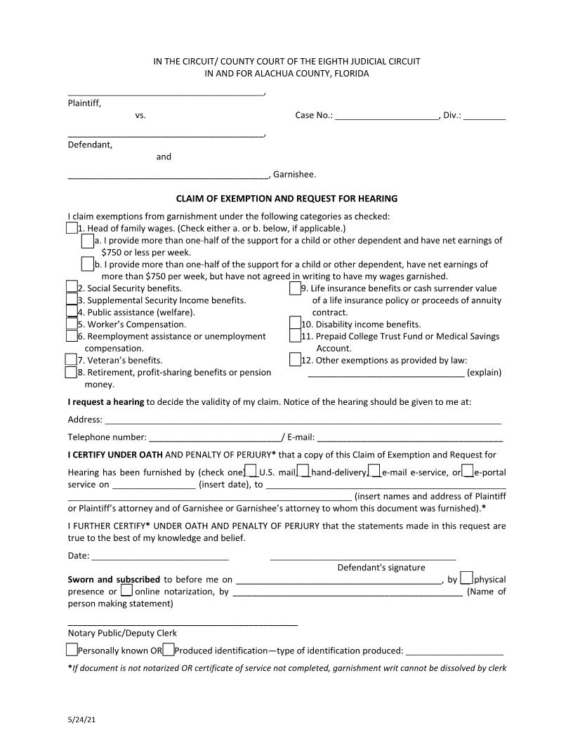 Claim Of Exemption And Request For Hearing | Pdf Fpdf Docx | Florida