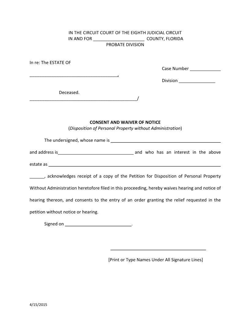 Consent And Waiver Of Notice (Disposition Personal Property Without Administration) | Pdf Fpdf Docx | Florida