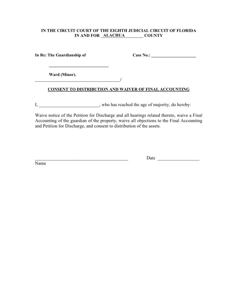 Consent To Distribution And Waiver Of Final Accounting (Minor) | Pdf Fpdf Docx | Florida