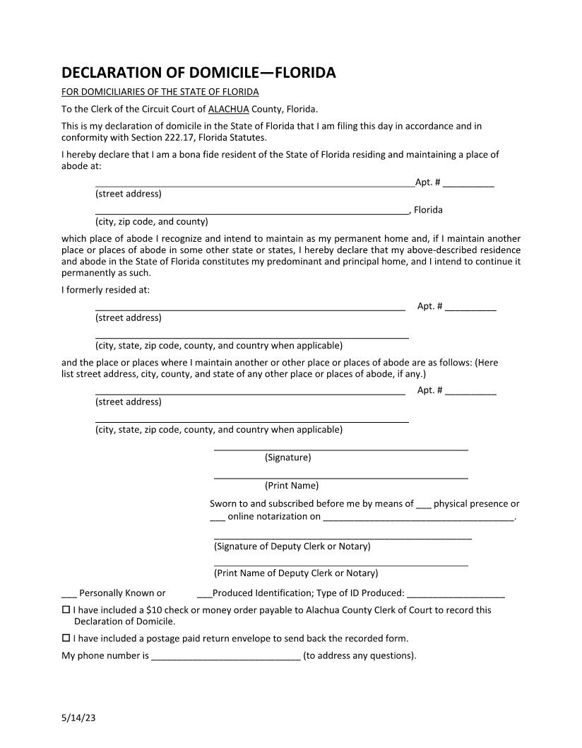 Declaration Of Domicile-Florida | Pdf Fpdf Docx | Florida