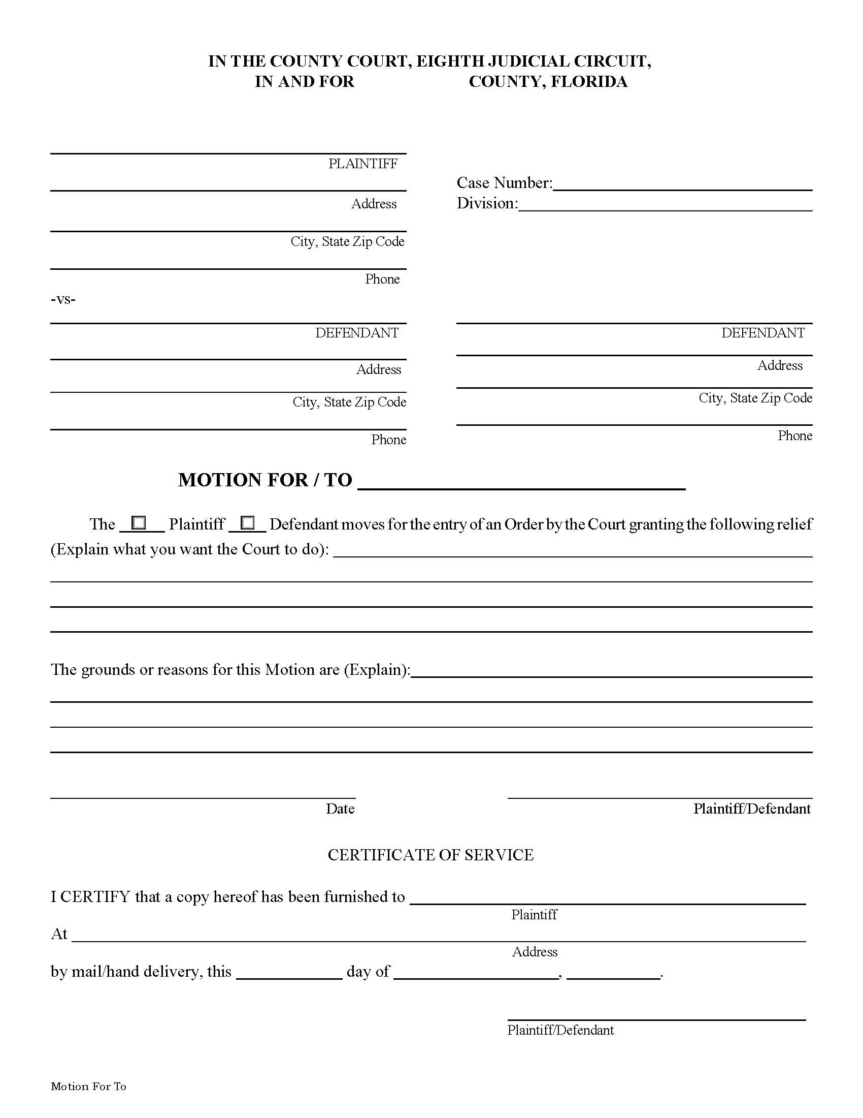 Motion For-To (County Court) {ALA-M} | Pdf Fpdf Docx | Florida