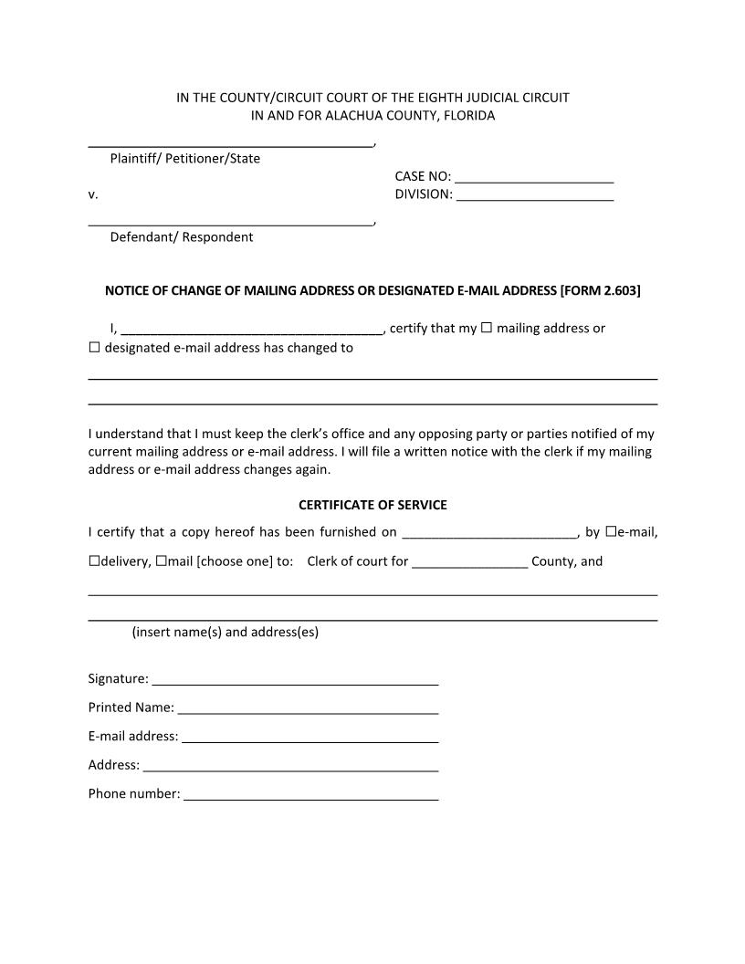 Notice Of Change Of Address Or Designated E-Mail Address {Form 2.603} | Pdf Fpdf Docx | Florida