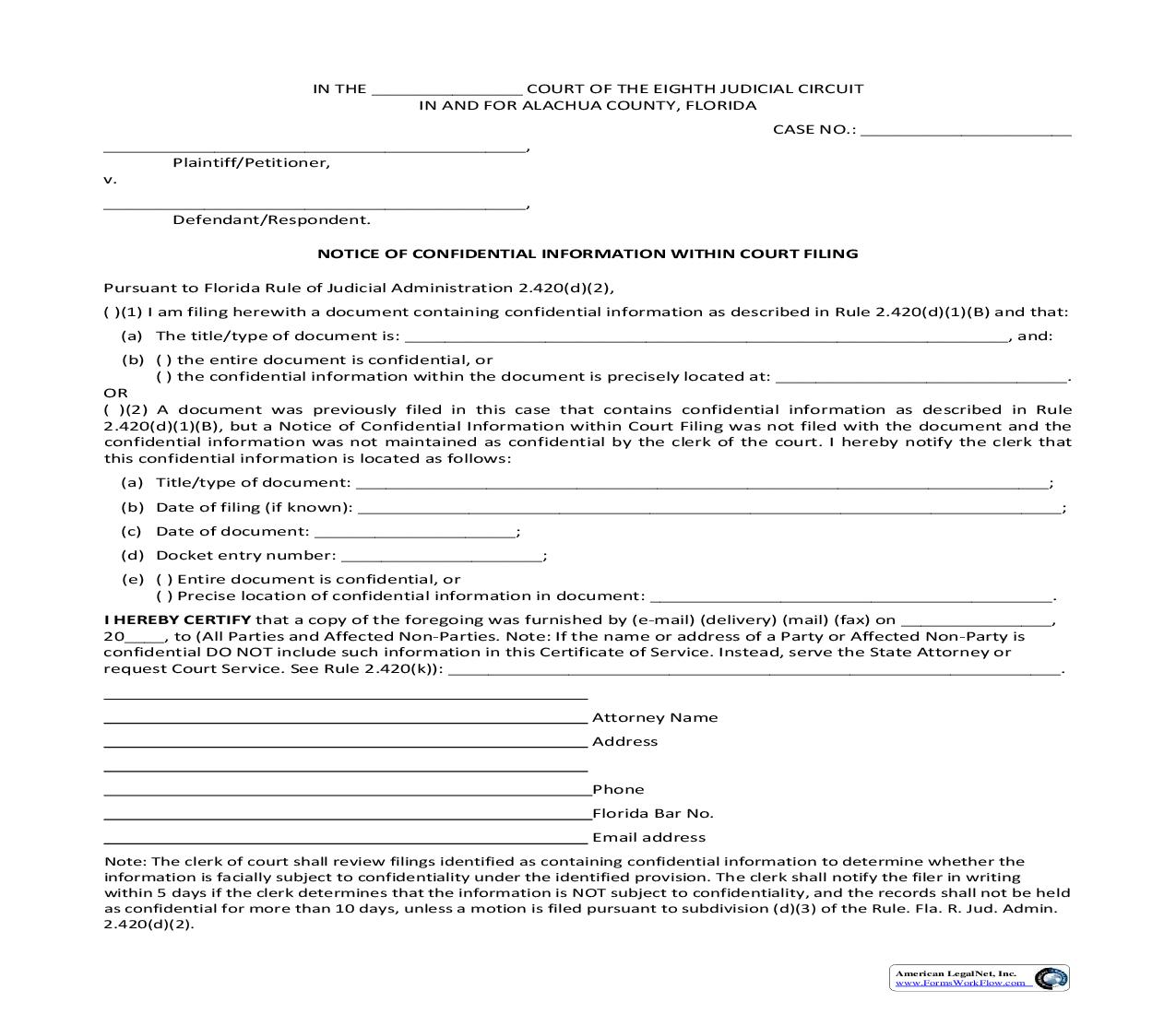Notice Of Confidential Information Within Court Filing | Pdf Fpdf Doc Docx | Florida