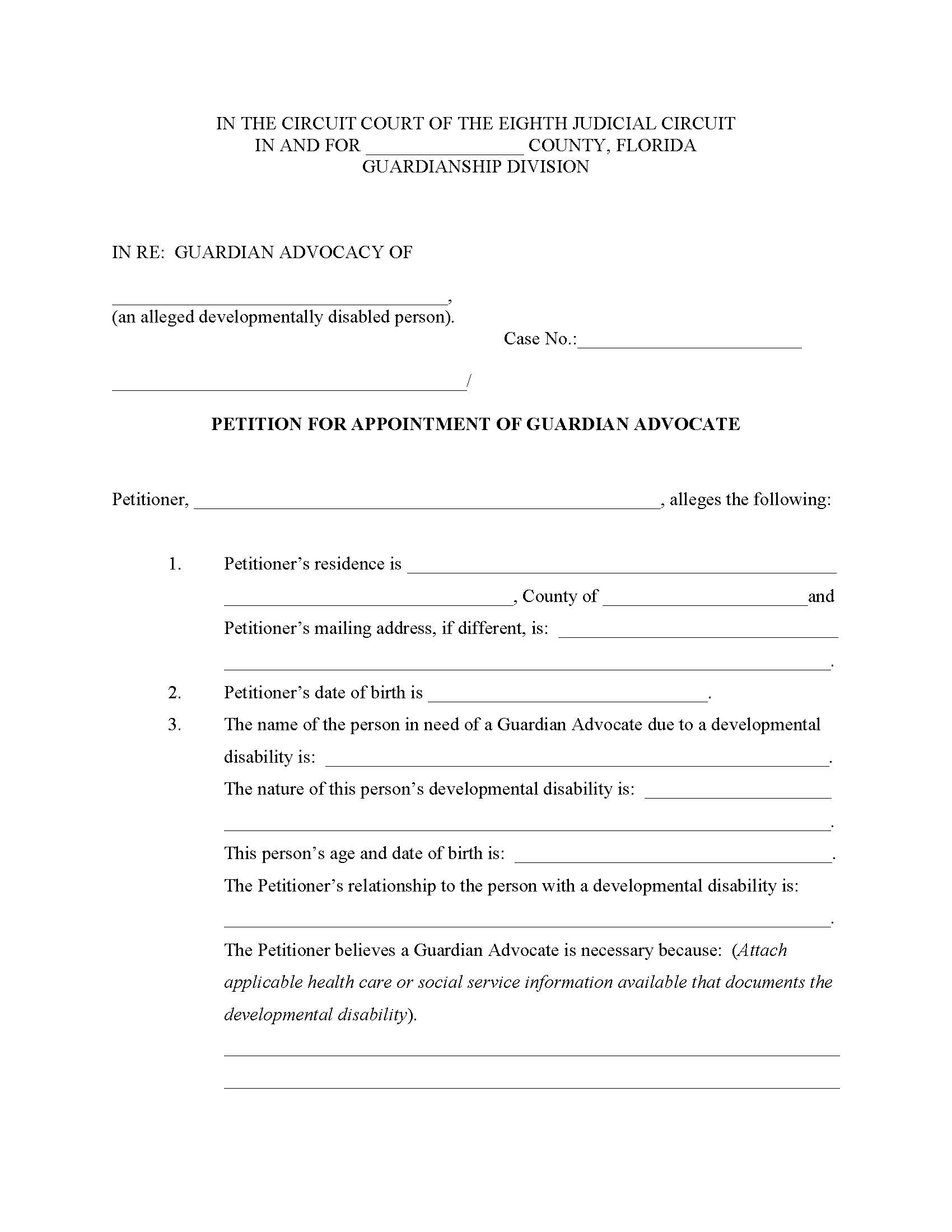 Petition For Appointment Of Guardian Advocate (Of The Person) | Pdf Fpdf Docx | Florida
