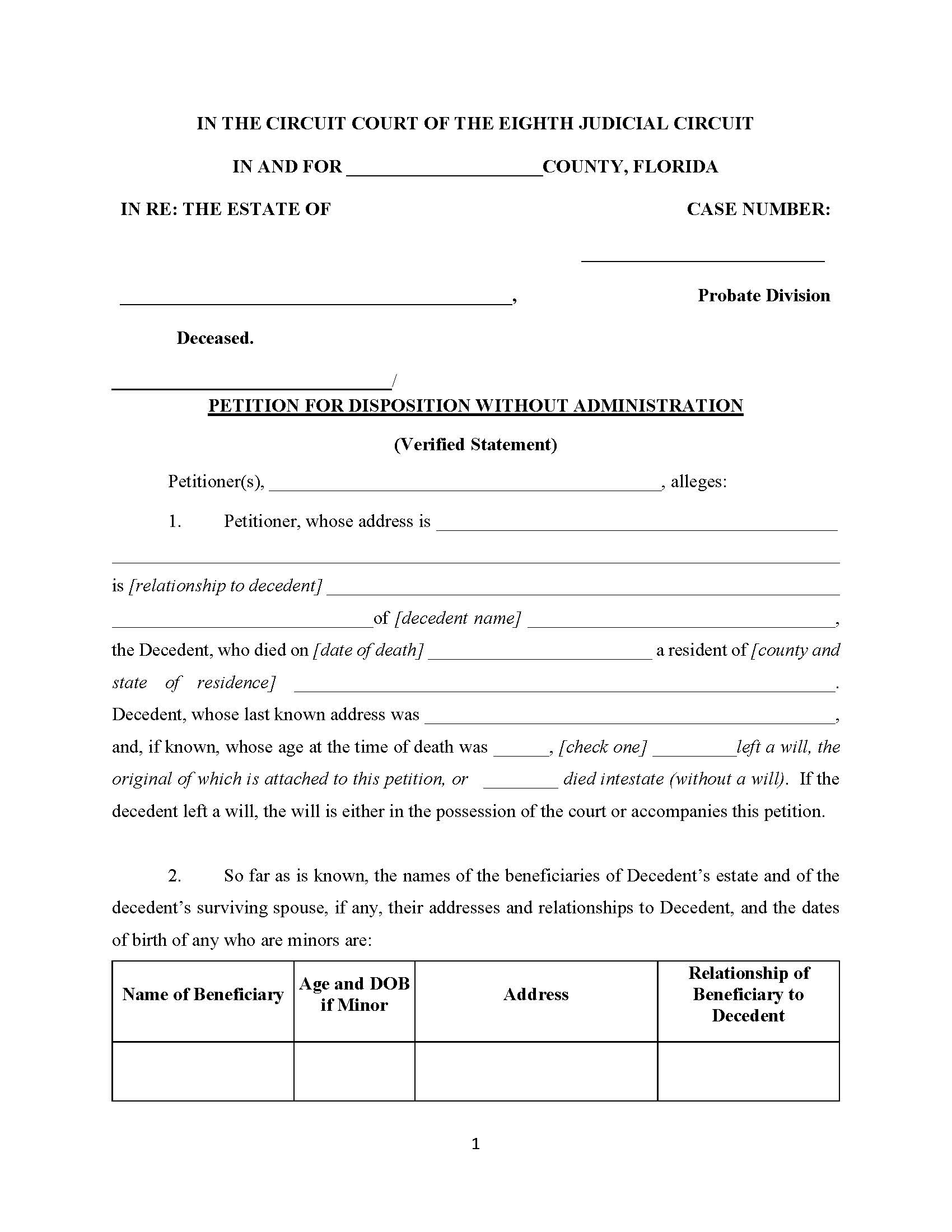 Petition For Disposition Of Personal Property Without Administration (Verified Statement) | Pdf Fpdf Docx | Florida