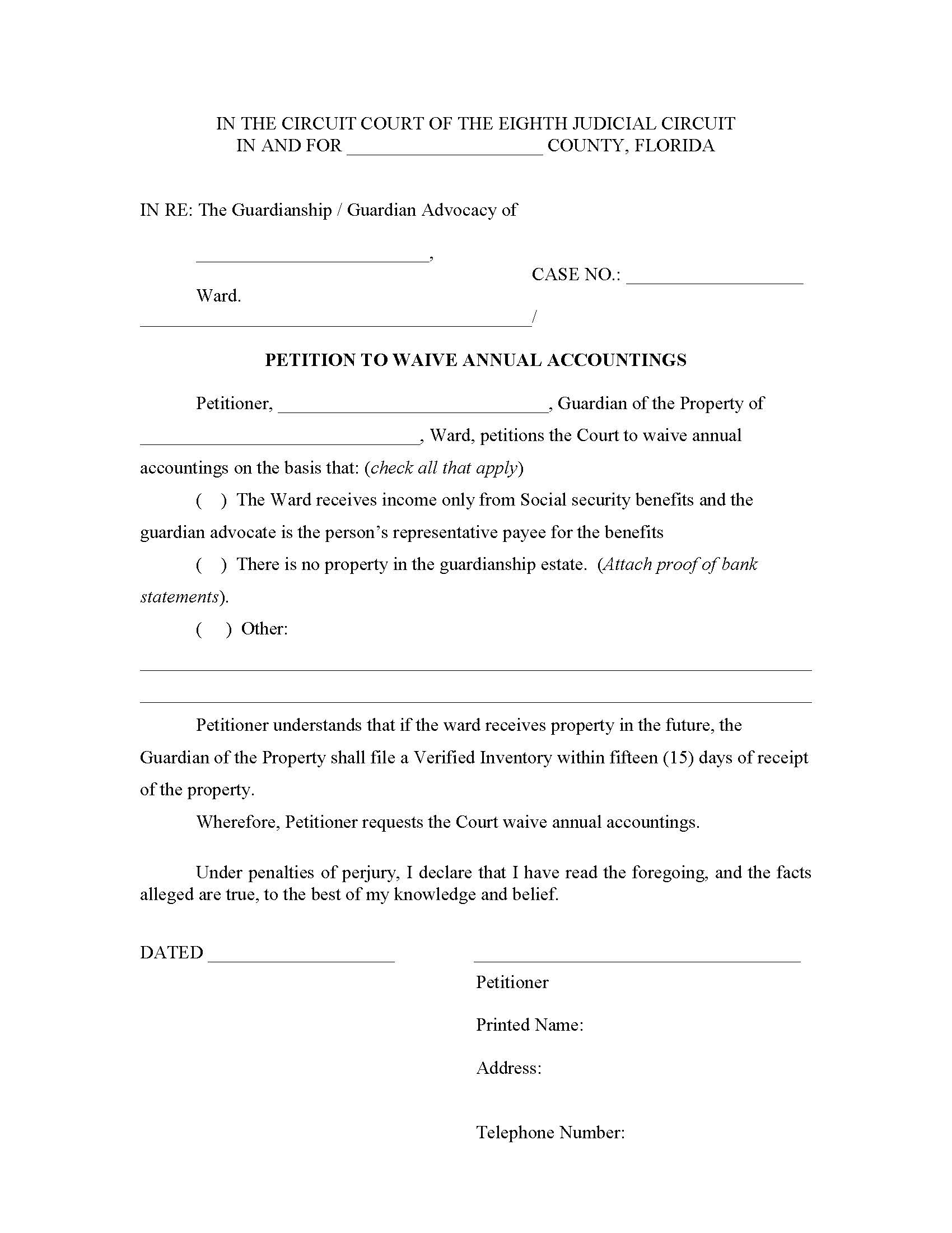 Petition To Waive Annual Accountings | Pdf Fpdf Docx | Florida