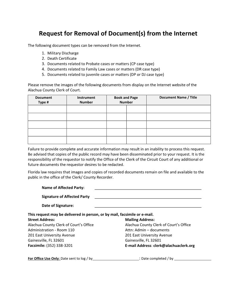 Request For Removal Of Document(s) From The Internet | Pdf Fpdf Docx | Florida