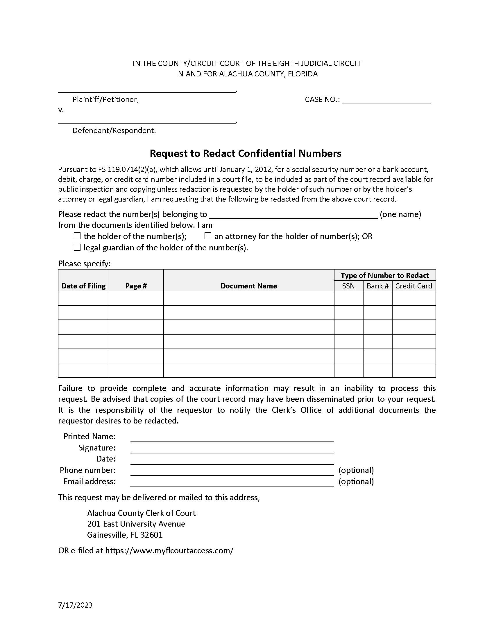 Request To Redact Confidential Numbers (From Court File) | Pdf Fpdf Docx | Florida