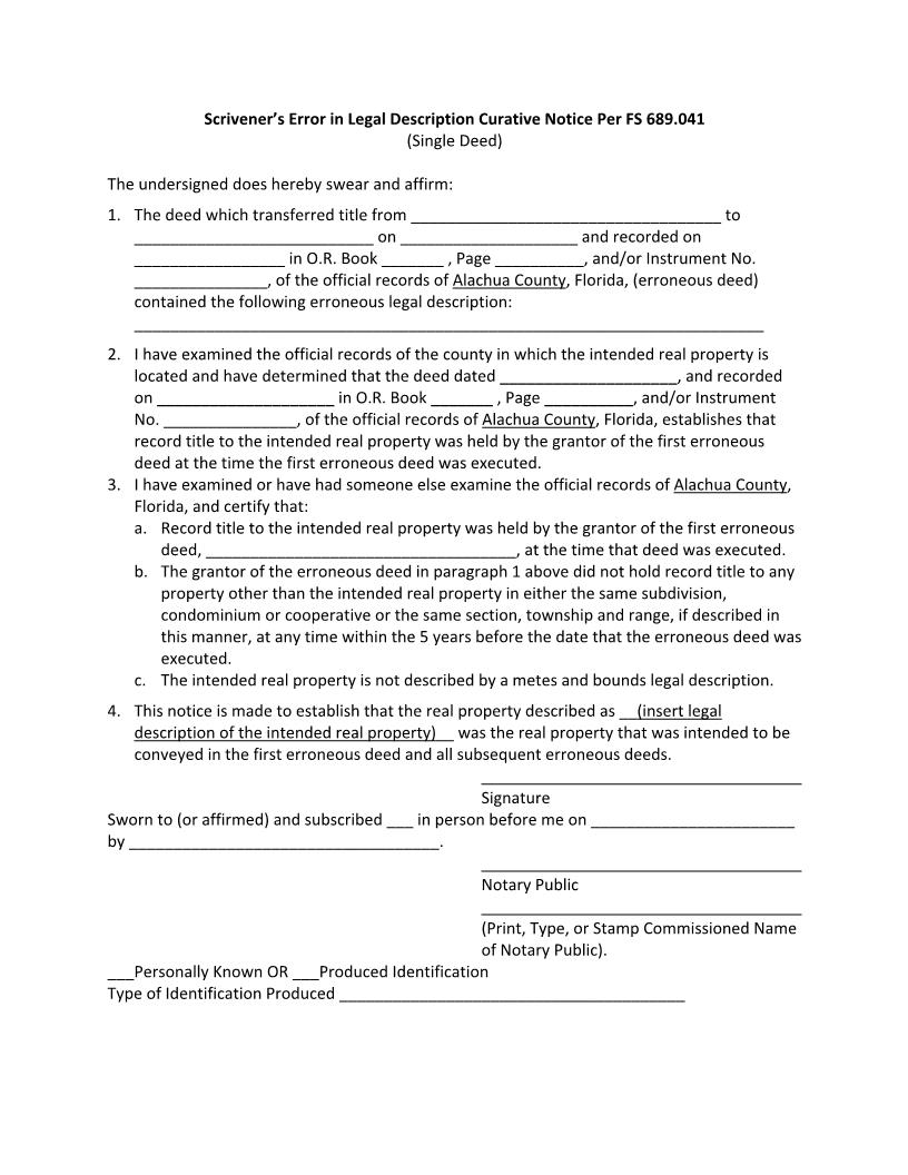 Scriveners Error Curative Notice Form Single Deed | Pdf Fpdf Docx | Florida