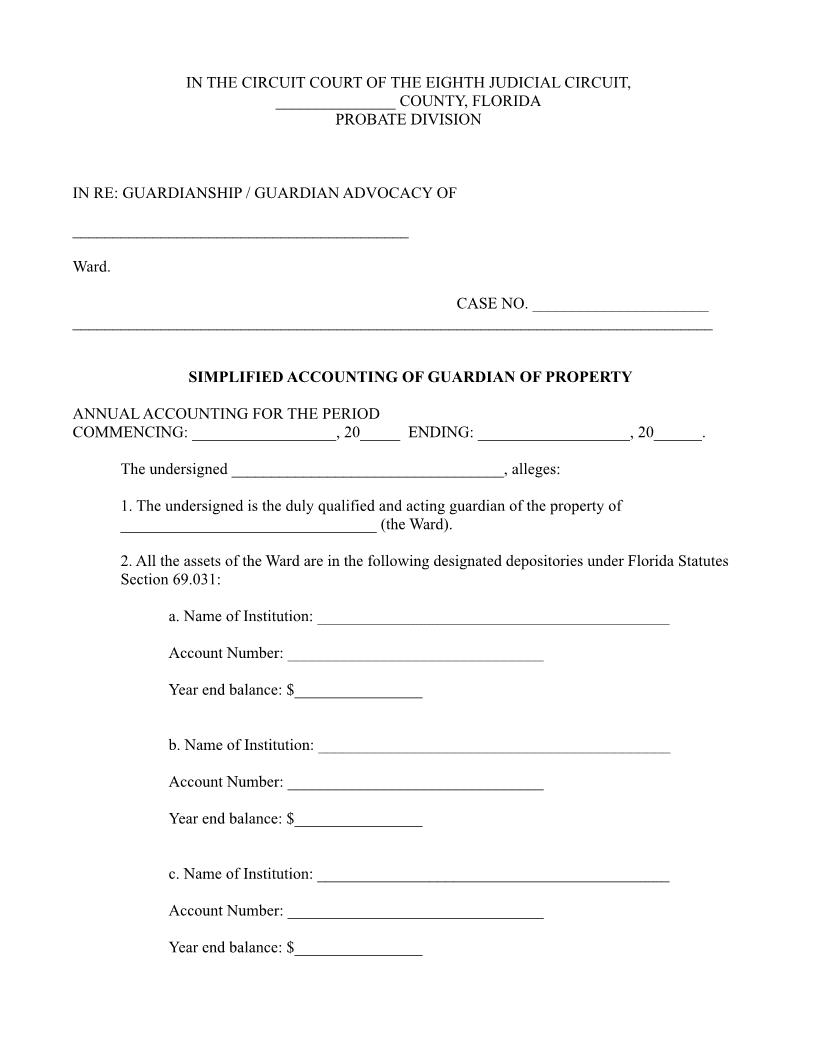 Simplified Accounting Of Guardian Of Property' | Pdf Fpdf Docx | Florida