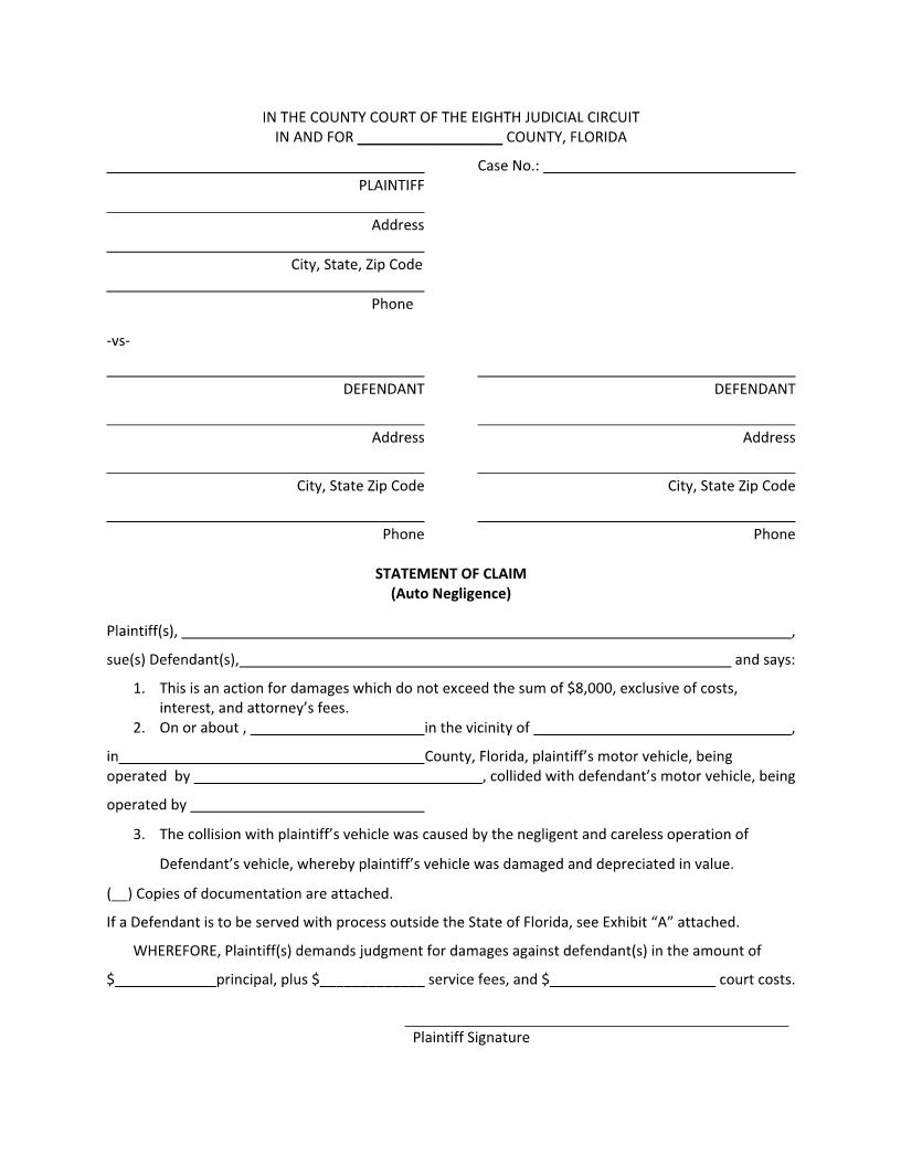 Statement Of Claim (Auto Negligence) {ALA SCAN} | Pdf Fpdf Docx | Florida