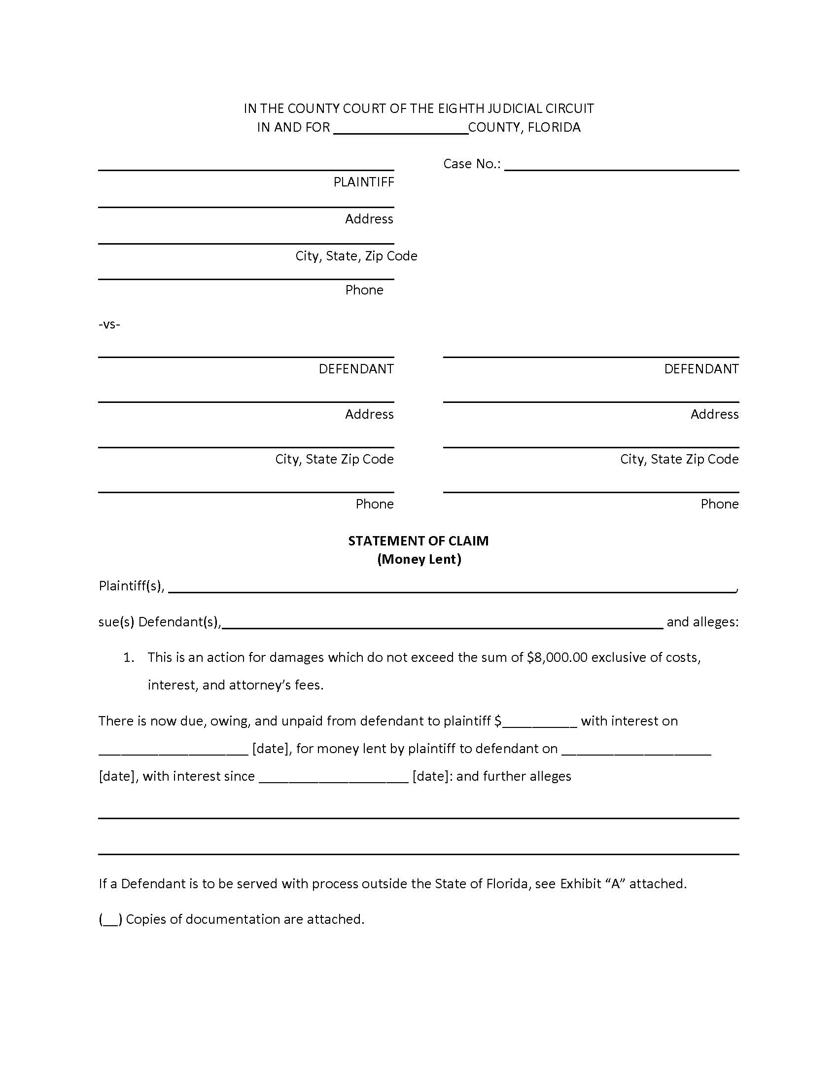 Statement Of Claim (Money Lent) {ALA SCML} | Pdf Fpdf Docx | Florida