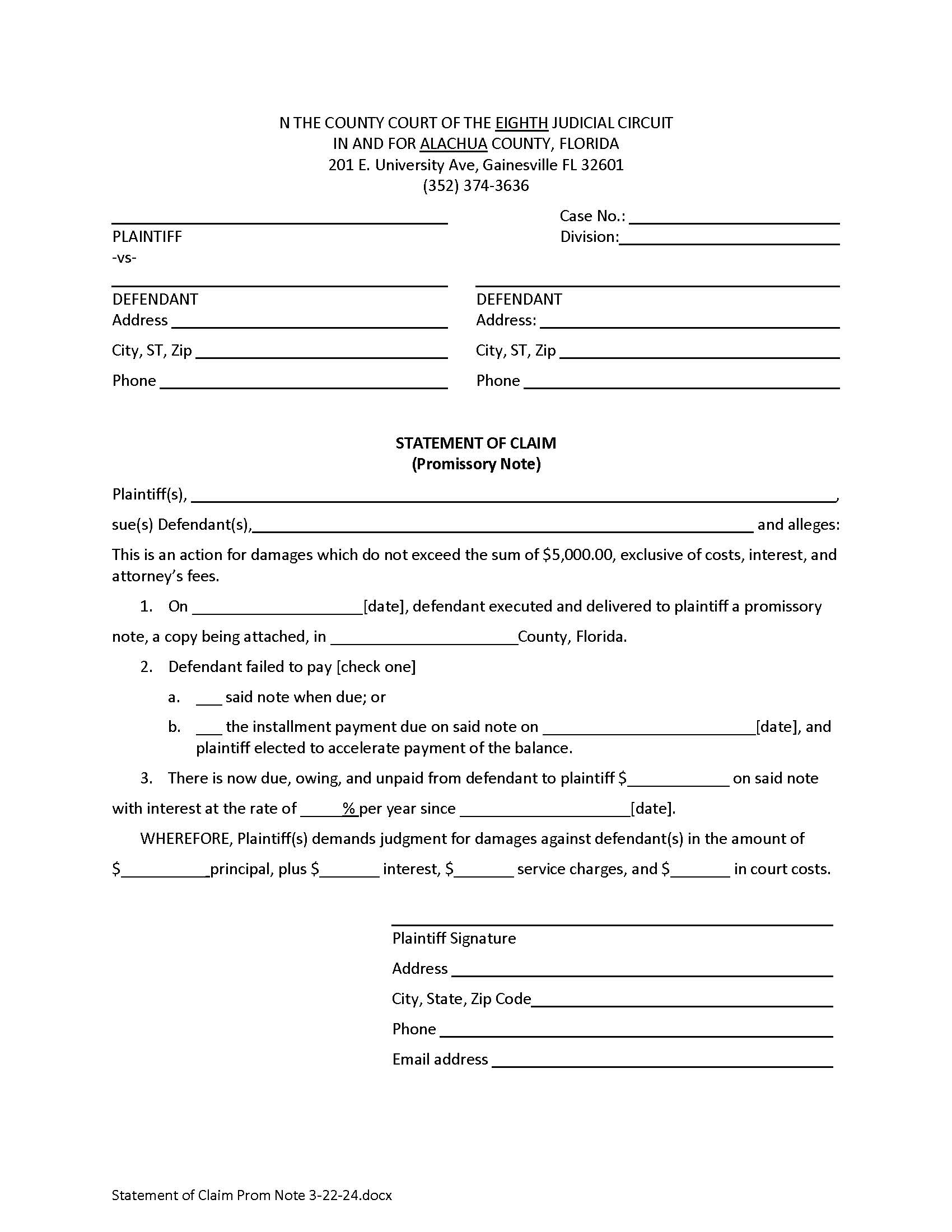 Statement Of Claim (Promissory Note) {ALA SCPN} | Pdf Fpdf Docx | Florida