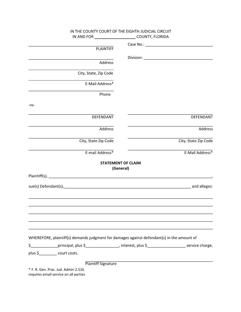 Statement Of Claim (Small Claims - General) | Pdf Fpdf Docx | Florida