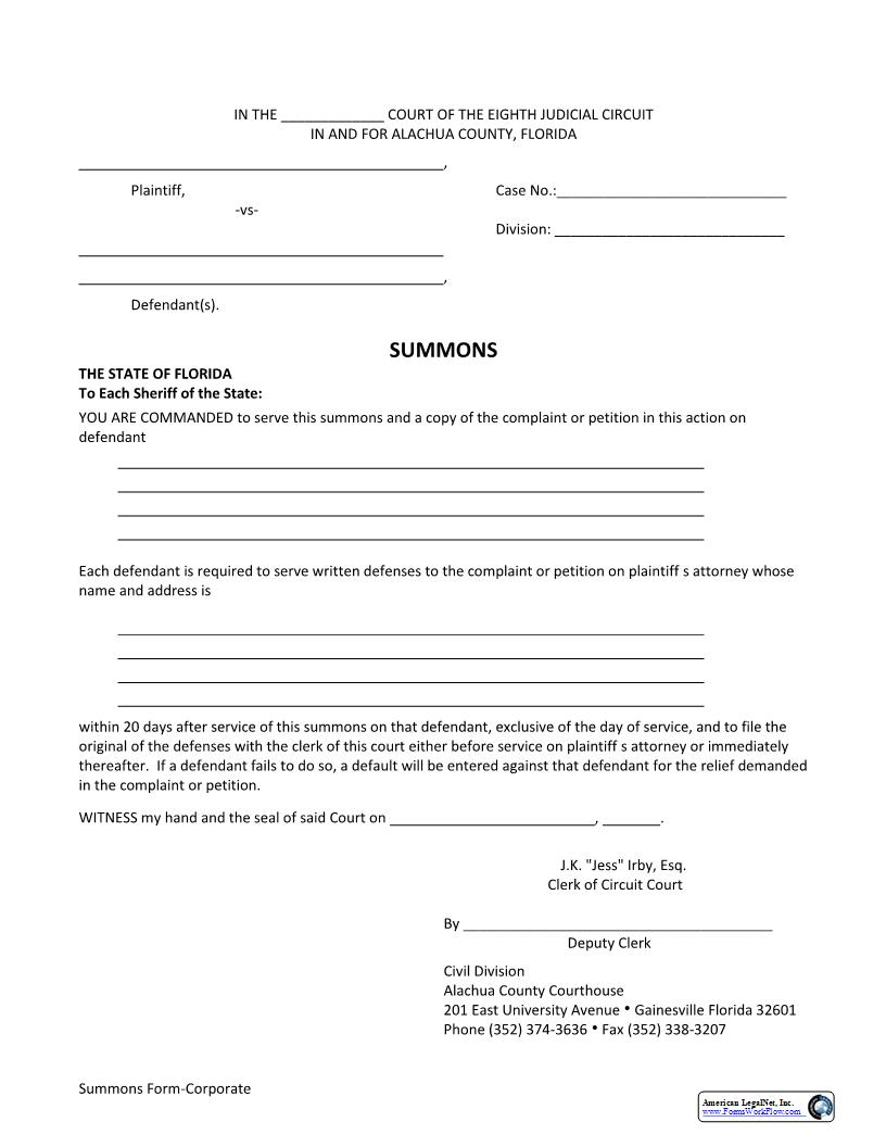 Summons (Corporate) | Pdf Fpdf Docx | Florida
