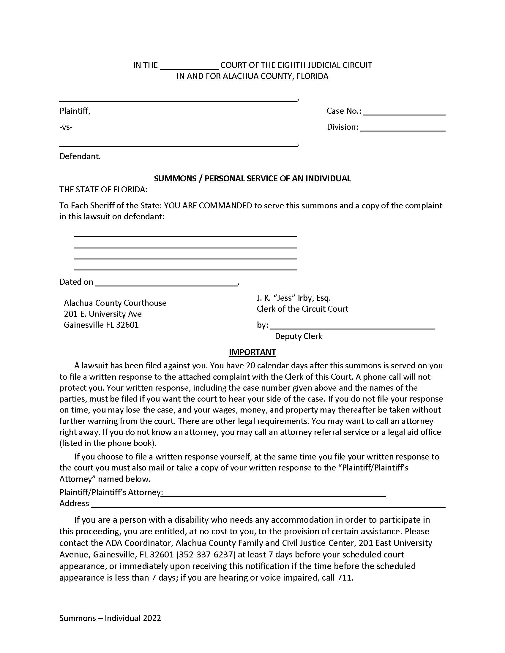 Summons Personal Service Of An Individual | Pdf Fpdf Docx | Florida