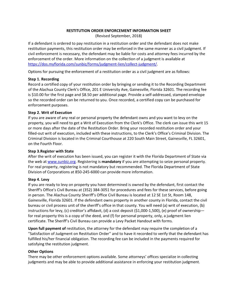 Writ Of Execution (Restitution Victim) | Pdf Fpdf Docx | Florida