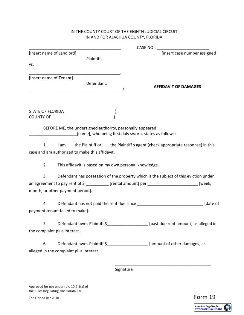 Affidavit Of Damages {Form 19} | Pdf Fpdf Docx | Florida